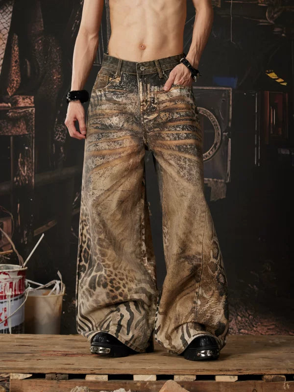 Animal Print 3D Wide Leg Jeans Pants 5