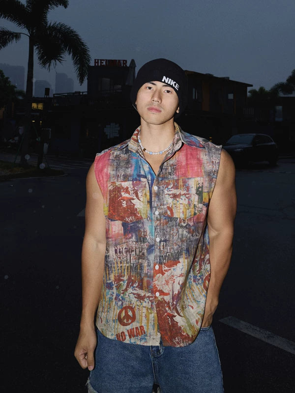 Artistic Graffiti Print Sleeveless Button-Down Shirt 1