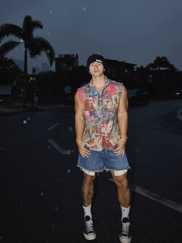 Artistic Graffiti Print Sleeveless Button-Down Shirt 2