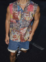 Artistic Graffiti Print Sleeveless Button-Down Shirt 3
