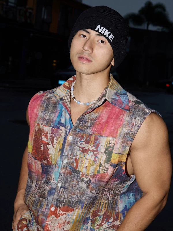 Artistic Graffiti Print Sleeveless Button-Down Shirt 5