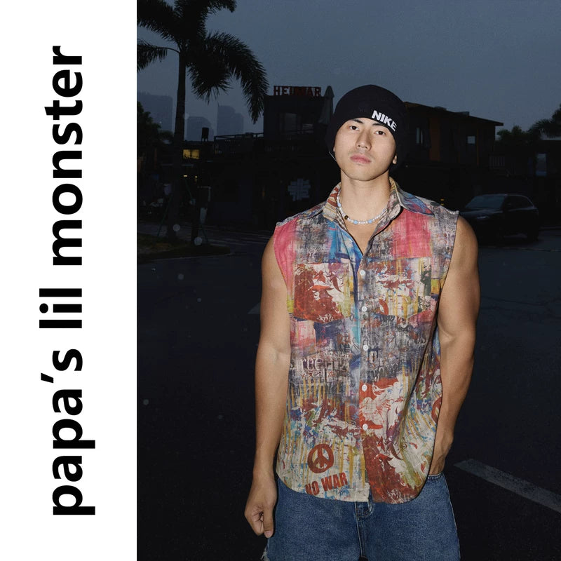 6068662304436,6068662304437,6068662304438, Artistic Graffiti Print Sleeveless Button-Down Shirt