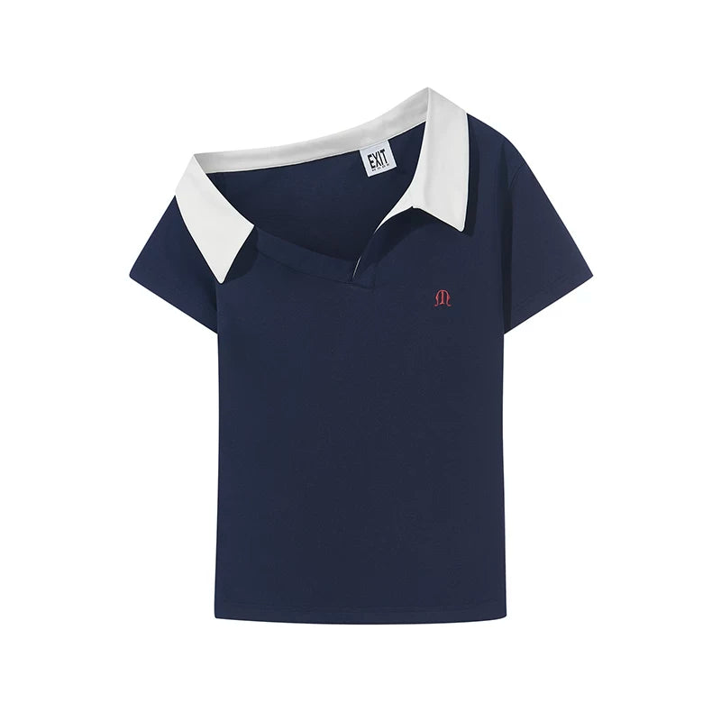 5756236569265,5756236569266,5756236569267, Asymmetric One-Shoulder Short-Sleeve Polo Shirt