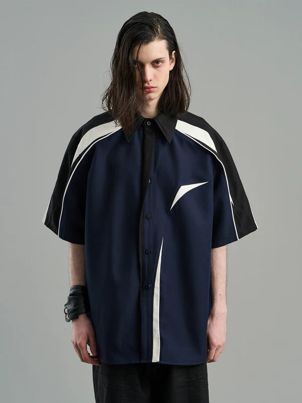 Asymmetrical Colorblock Short Sleeve Button Shirt 1