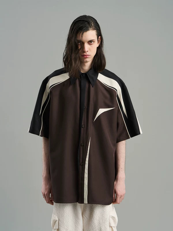 Asymmetrical Colorblock Short Sleeve Button Shirt 2