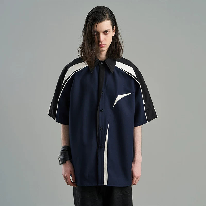 5003462932159,5003462932160,5003462932161,5003462932162, Asymmetrical Colorblock Short Sleeve Button Shirt