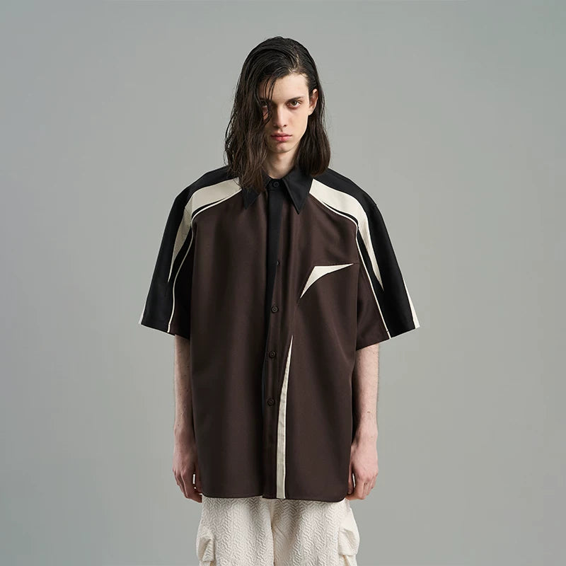 5003462932163,5003462932164,5003462932165,5003462932166, Asymmetrical Colorblock Short Sleeve Button Shirt