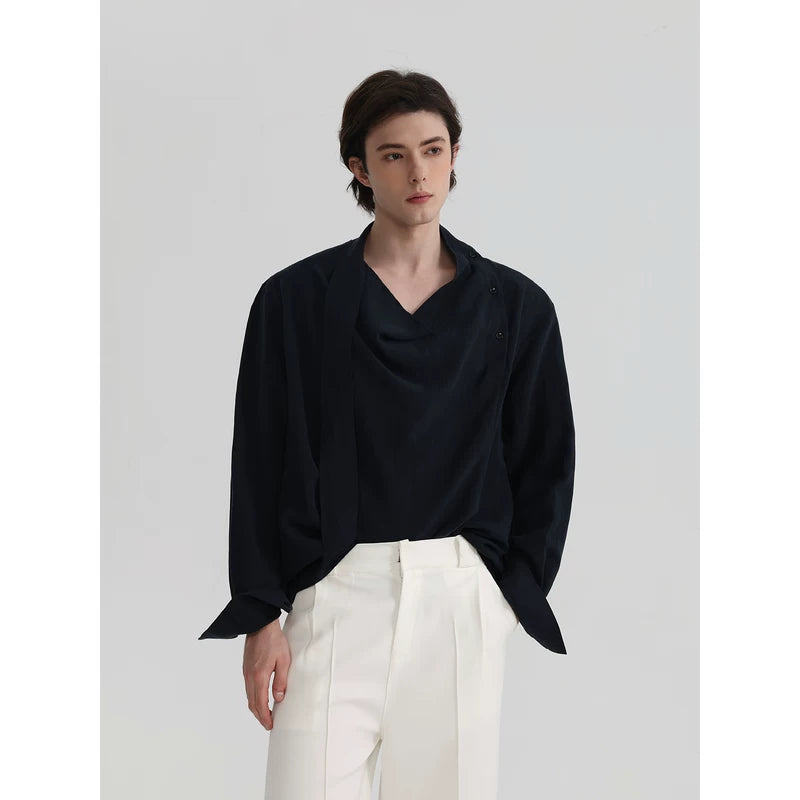 6036725265822,6036725265823,6036725265824, Asymmetrical Draped Ribbon Shirt