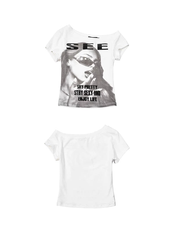 Asymmetrical Neck Portrait Print T-Shirt 5