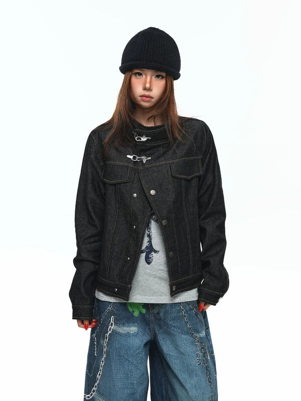 Asymmetrical Stand Collar Raw Denim Jacket 1