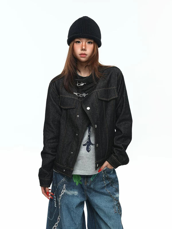 Asymmetrical Stand Collar Raw Denim Jacket 2