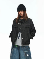 Asymmetrical Stand Collar Raw Denim Jacket 3
