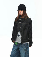 Asymmetrical Stand Collar Raw Denim Jacket 4