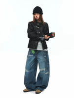 Asymmetrical Stand Collar Raw Denim Jacket 5