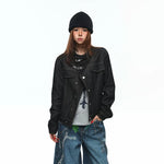 6191498507895,6191498507896,6191498507897,6191498507898, Asymmetrical Stand Collar Raw Denim Jacket