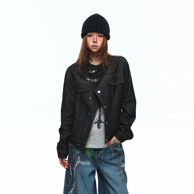 6191498507895,6191498507896,6191498507897,6191498507898, Asymmetrical Stand Collar Raw Denim Jacket