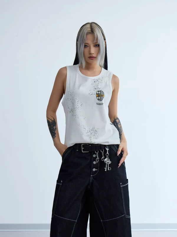 Badge Print Distressed Sleeveless Tank Top 1