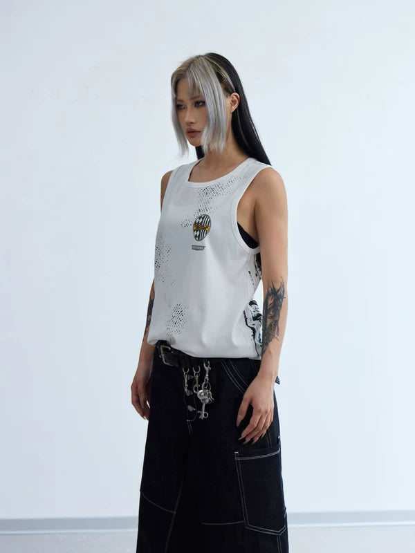 Badge Print Distressed Sleeveless Tank Top 2