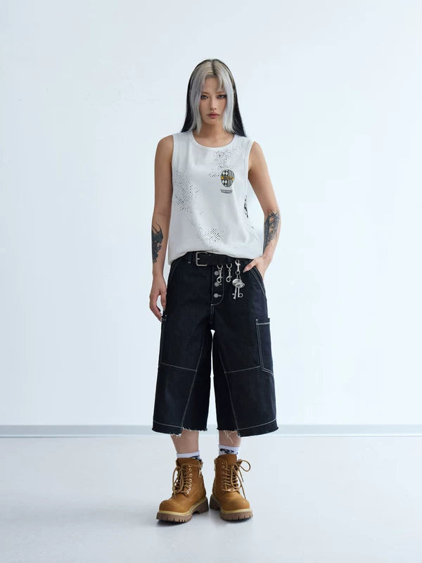 Badge Print Distressed Sleeveless Tank Top 5