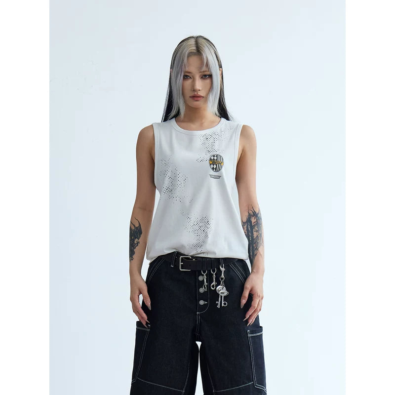 5976262686629,5976262686630,5976262686631, Badge Print Distressed Sleeveless Tank Top