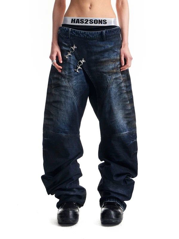 Baggy Washed Cutaway Denim Pants 1