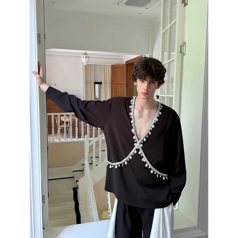 Beaded Deep V Tassel Long Sleeve Shirt 5