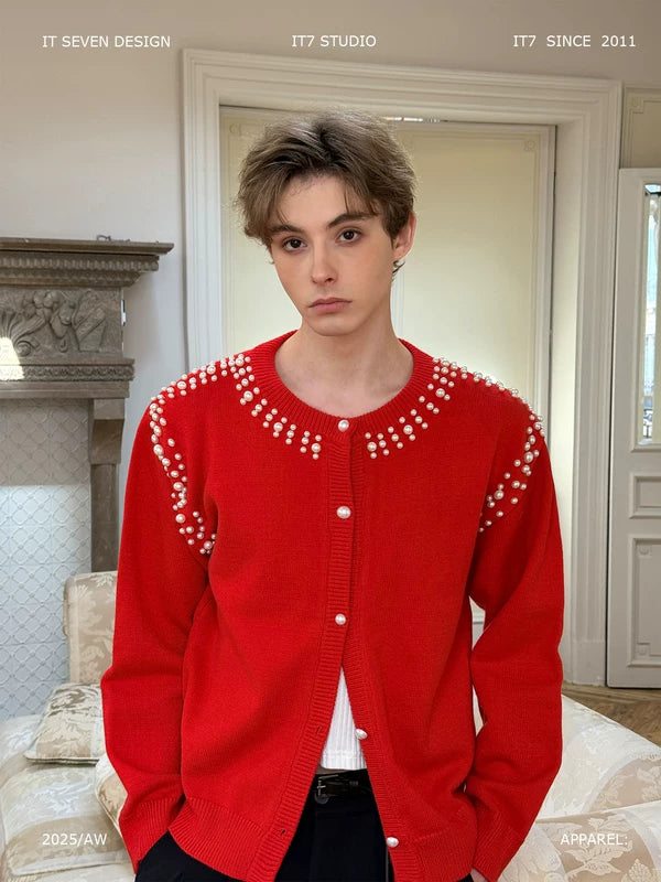 Beaded Knit Crew Neck Cardigan Sweater 1