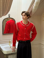 Beaded Knit Crew Neck Cardigan Sweater 2