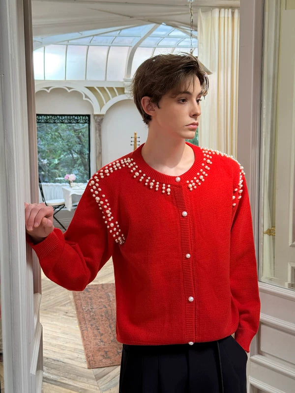 Beaded Knit Crew Neck Cardigan Sweater 3