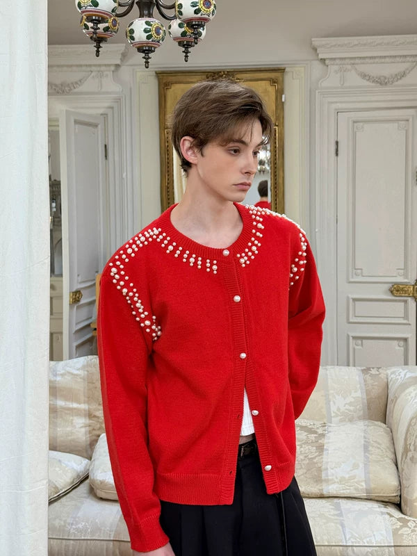 Beaded Knit Crew Neck Cardigan Sweater 5