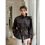 Belted Stand Collar Leather Jacket 1