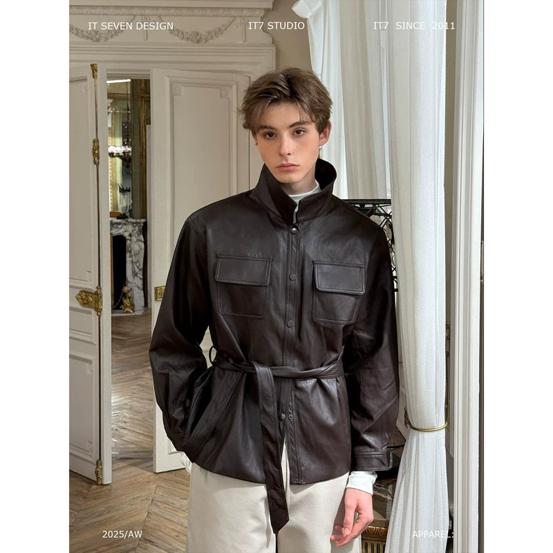 Belted Stand Collar Leather Jacket 1