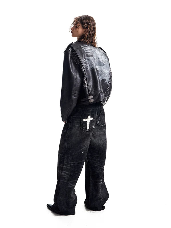 Boxy Eagle Print Embroidered Leather Jacket 3