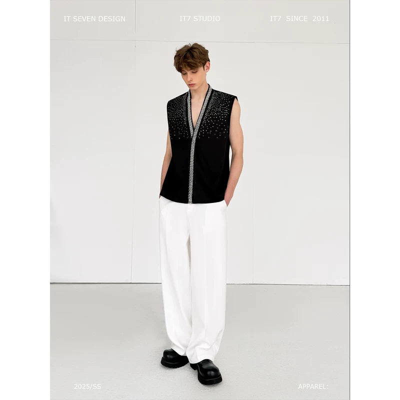 Brocade Rhinestone Sleeveless Vest 1