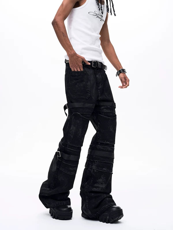 Brushed Waxed Flare Jeans with Straps 2
