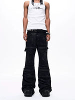Brushed Waxed Flare Jeans with Straps 3
