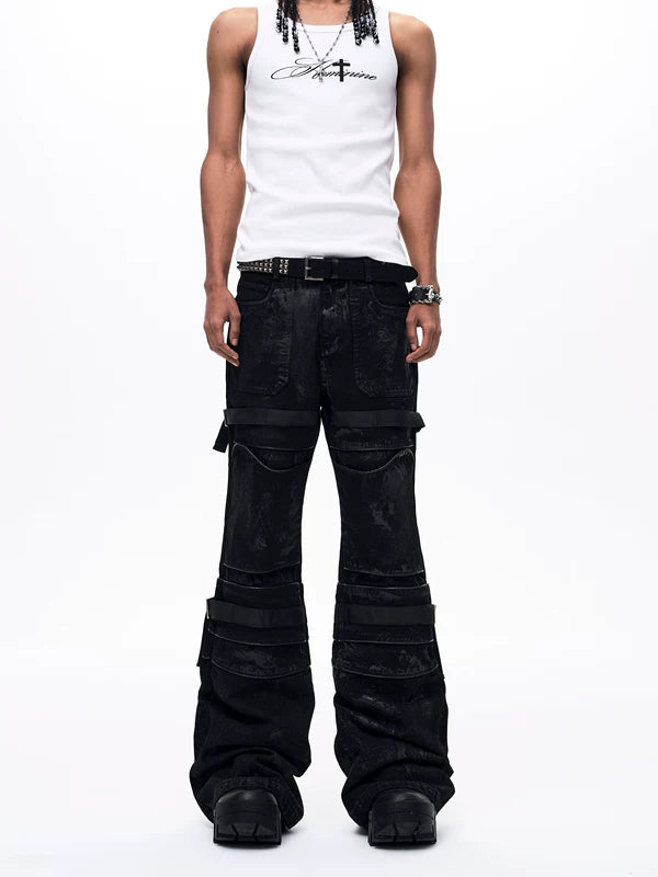 Brushed Waxed Flare Jeans with Straps 3