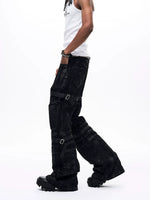 Brushed Waxed Flare Jeans with Straps 4