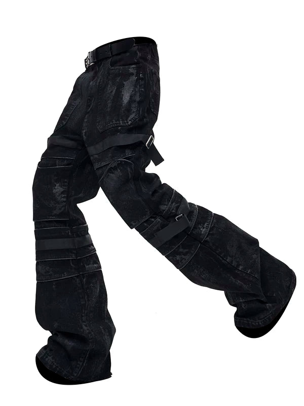 Brushed Waxed Flare Jeans with Straps 5