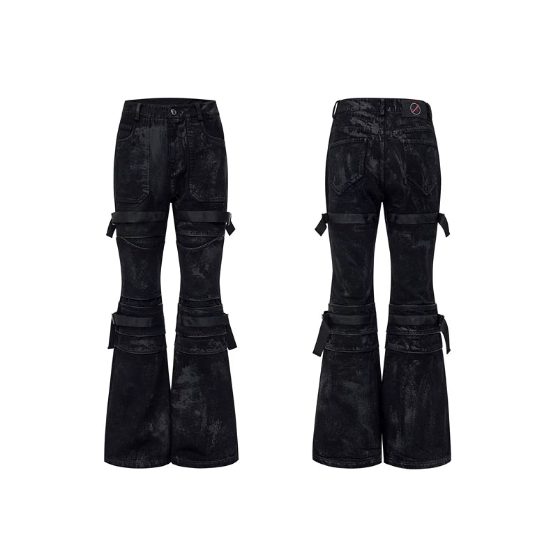 6209236118998,6209236118999,6209236119000,6044905325001, Brushed Waxed Flare Jeans with Straps