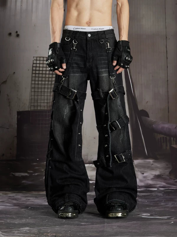 Buckled Flared Street Style Denim Pants 1