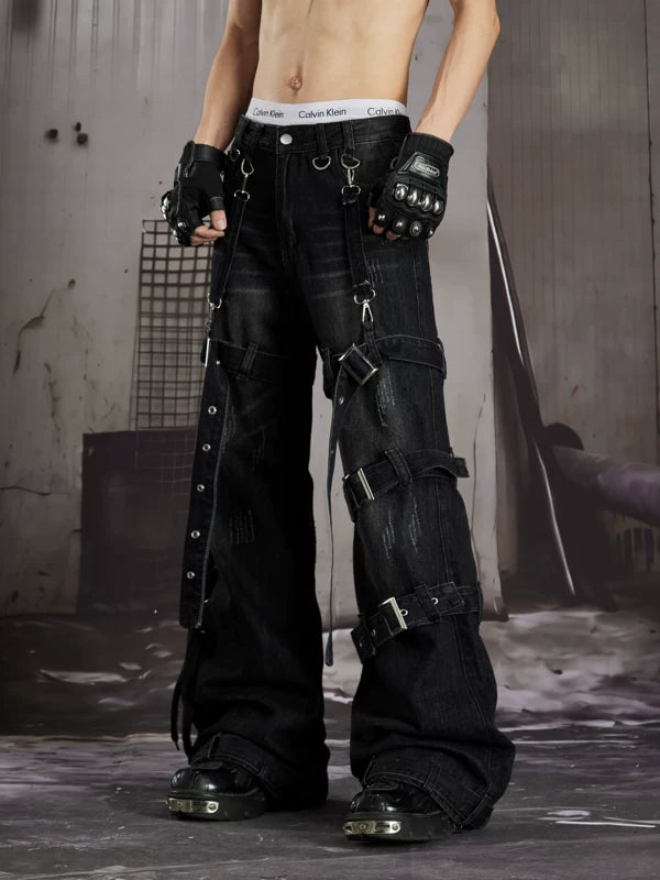 Buckled Flared Street Style Denim Pants 2