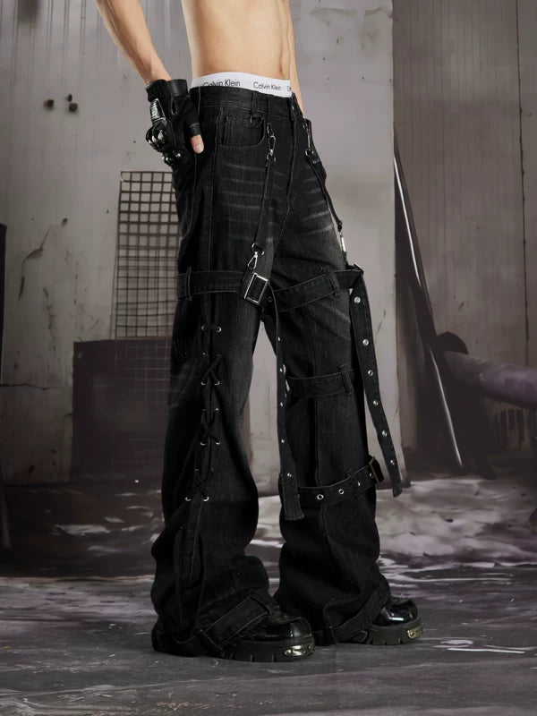 Buckled Flared Street Style Denim Pants 3