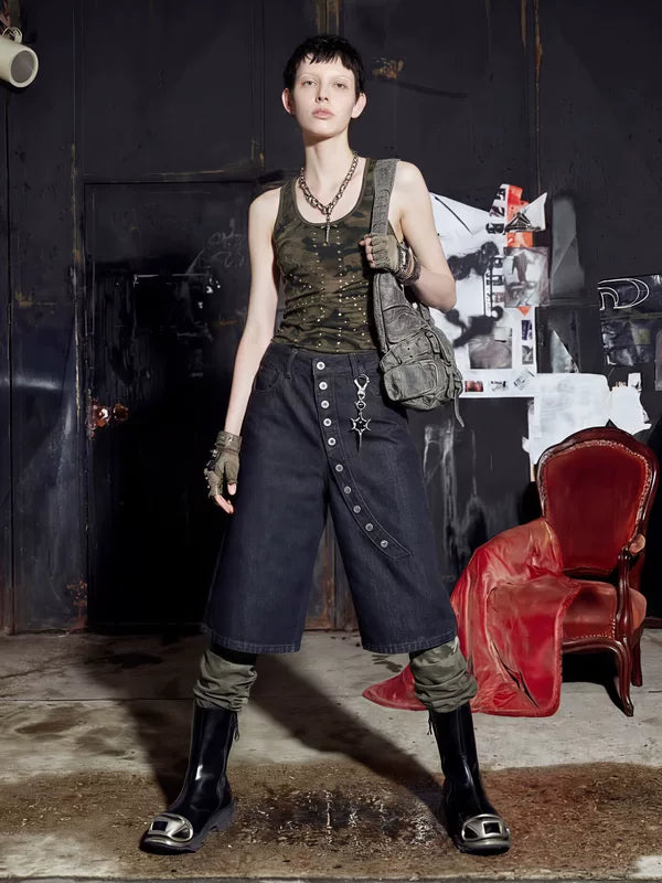 Button Front Denim Cropped Pants 5