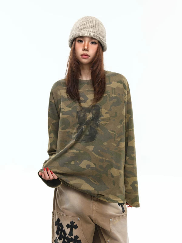 Camouflage Oversized Long-Sleeve Graphic T-Shirt 1