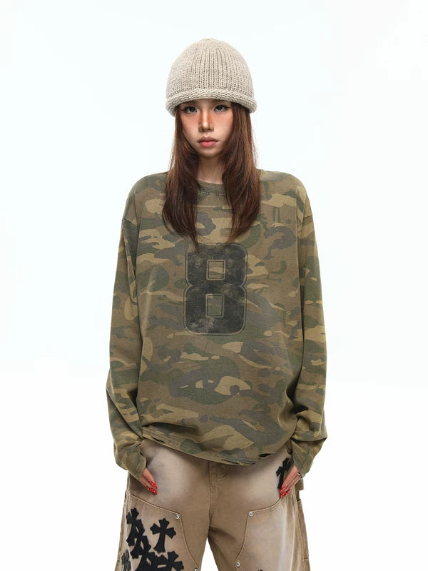 Camouflage Oversized Long-Sleeve Graphic T-Shirt 2