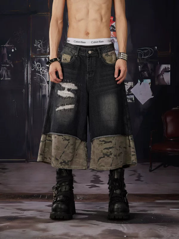 Camouflage Patchwork Wide-Leg Denim Pants 1
