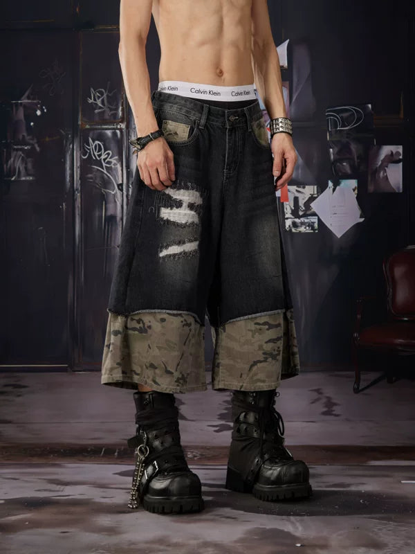 Camouflage Patchwork Wide-Leg Denim Pants 2