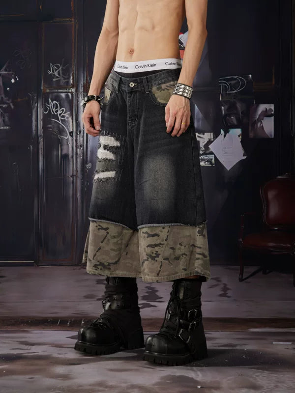 Camouflage Patchwork Wide-Leg Denim Pants 3