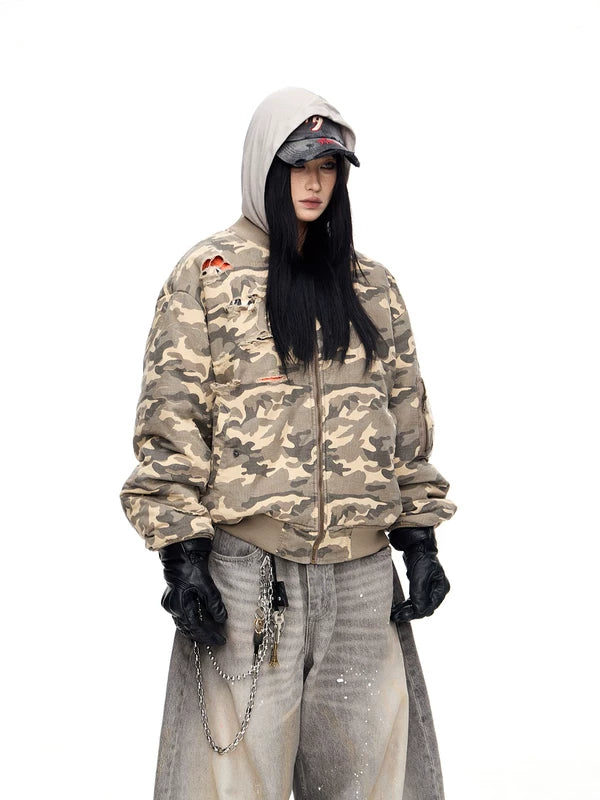 Camouflage Ripped Cotton Bomber Jacket 2